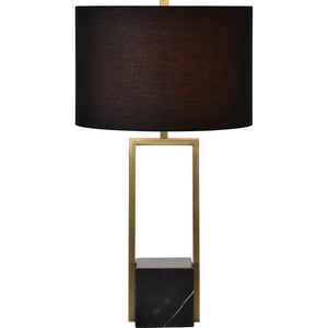 Arla Table Lamp with a black shade and gold metal frame, highlighting the marble base from a front view.