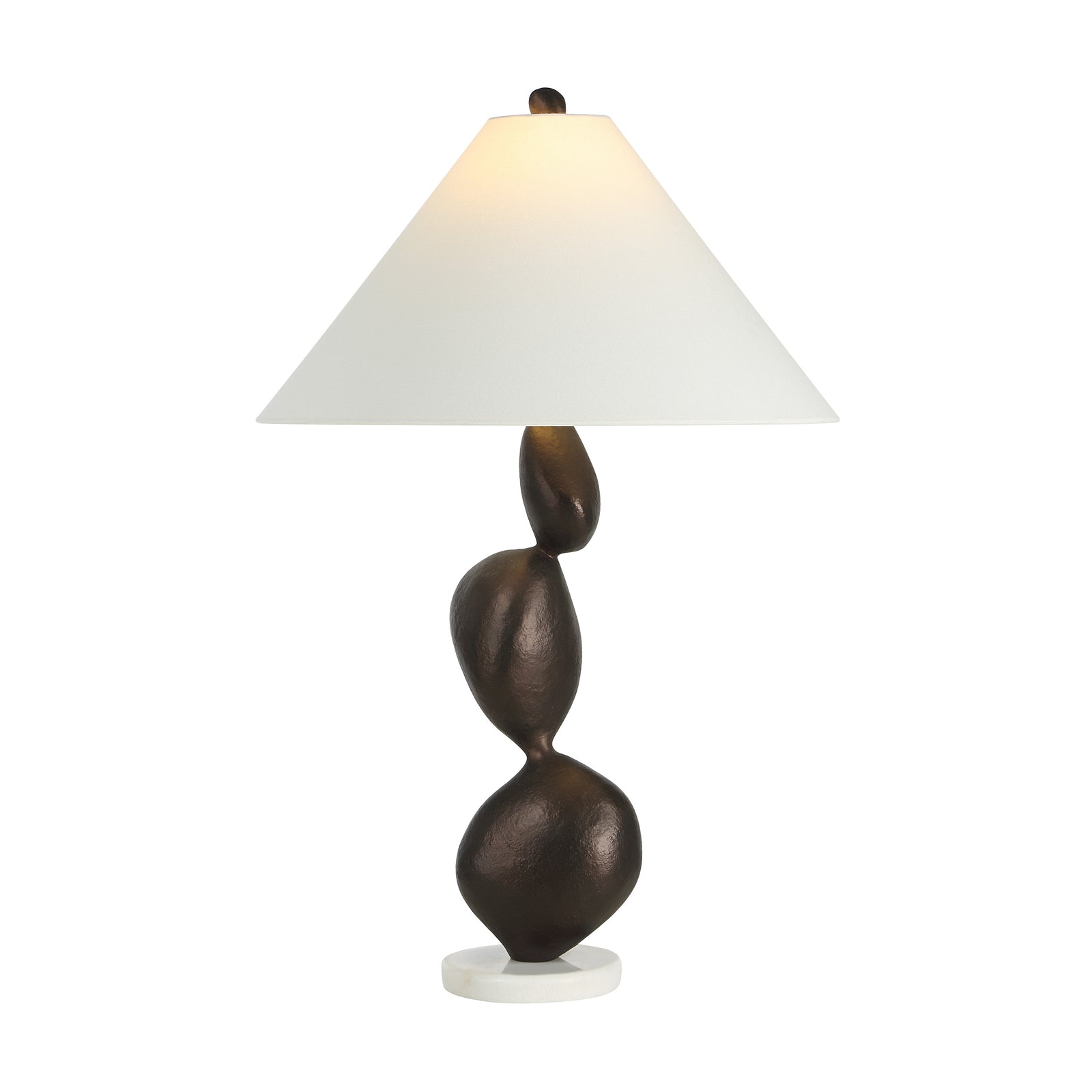 Elle table lamp by Renwil with a brown sculptural base and white cone shade.