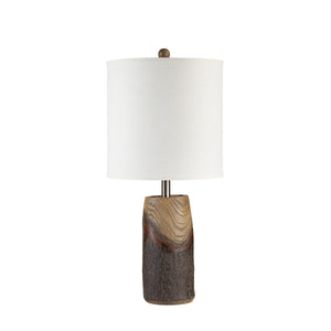 Vinca Table Lamp featuring a wooden base with natural grain and a white shade