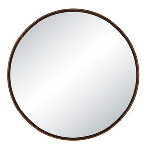 Cabiria mirror with a round shape and a dark wood frame, reflecting light.