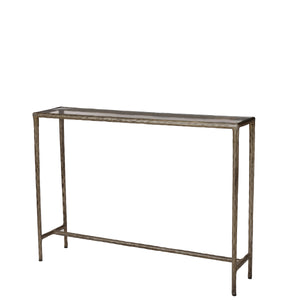 Nara console table featuring a glass surface and a stylish silver metal frame.