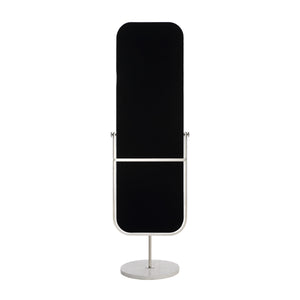 Mandra mirror by Renwil, tall standing design with rounded top, black surface, and marble base.