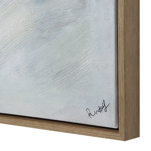 Becks canvas art close-up showing textured light gray surface with wooden frame detail