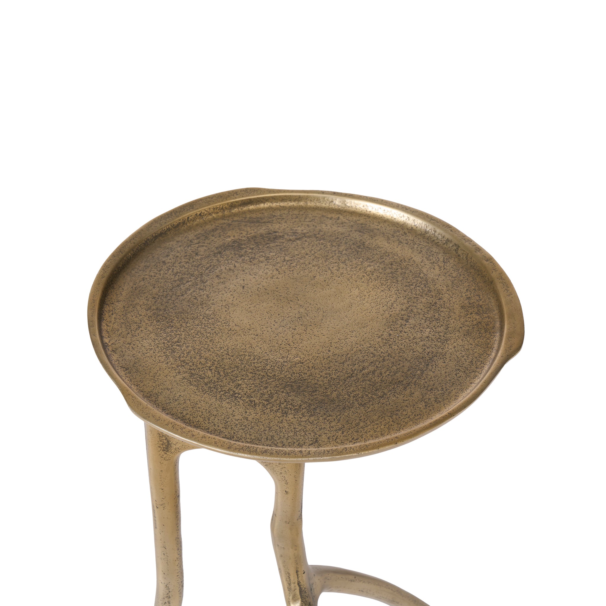 Top view of the Tosca table, emphasizing the textured gold surface and unique design.