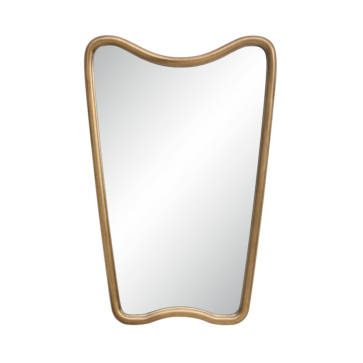 Echoa mirror with a unique wavy gold frame and clear reflective surface, front view.