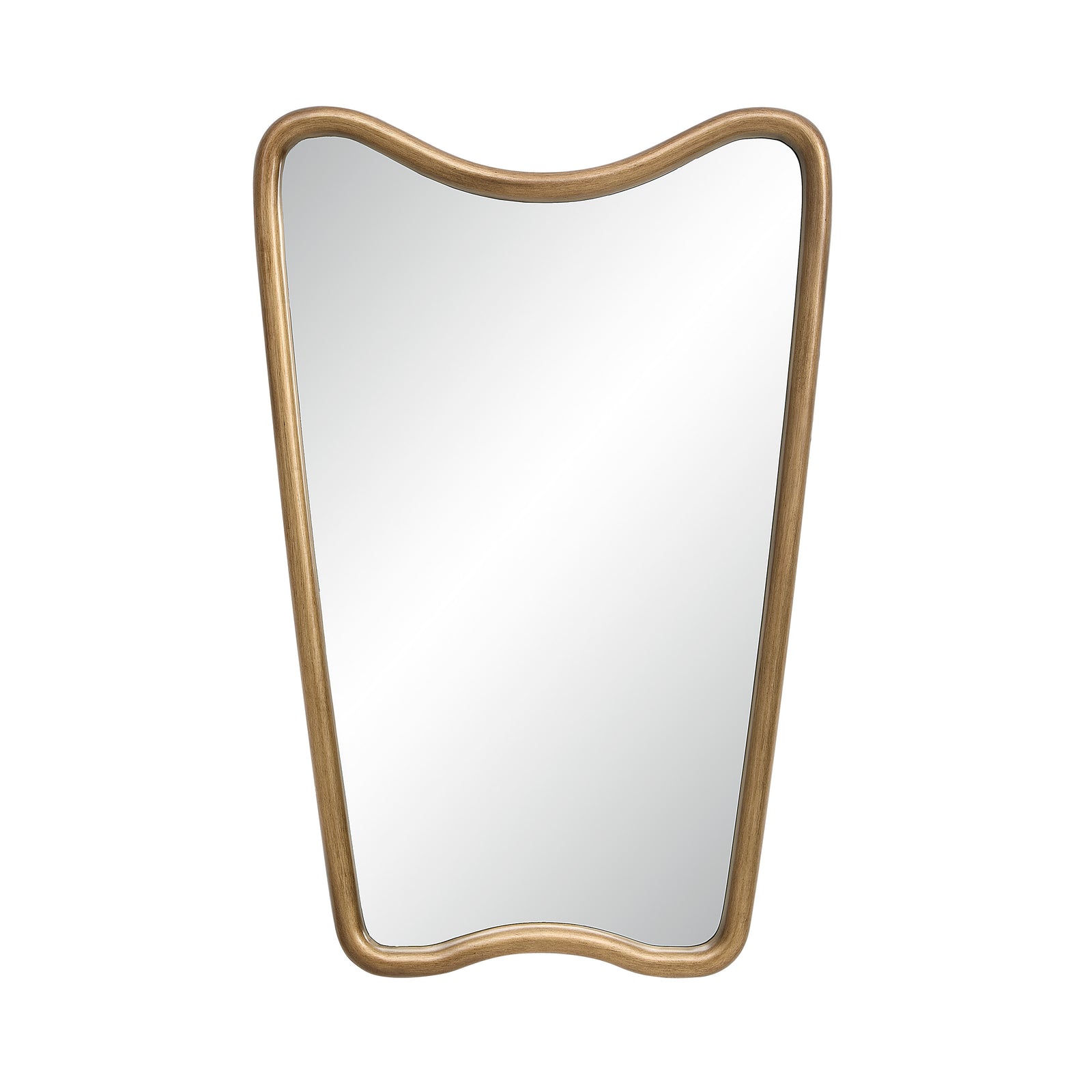 Echoa mirror with a unique wavy gold frame and clear reflective surface, front view.