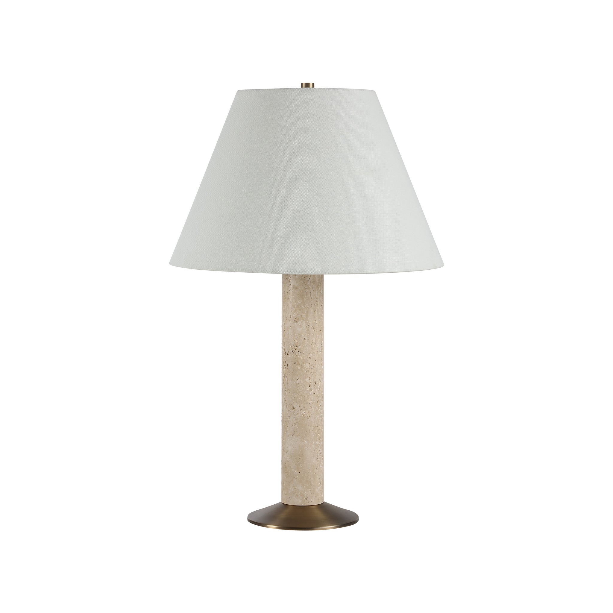 Tamara table lamp with a white fabric shade and beige stone base, featuring a brass accent.