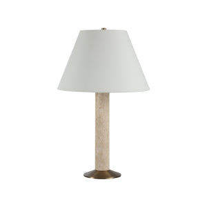 Tamara table lamp with a white fabric shade and beige stone base, featuring a brass accent.