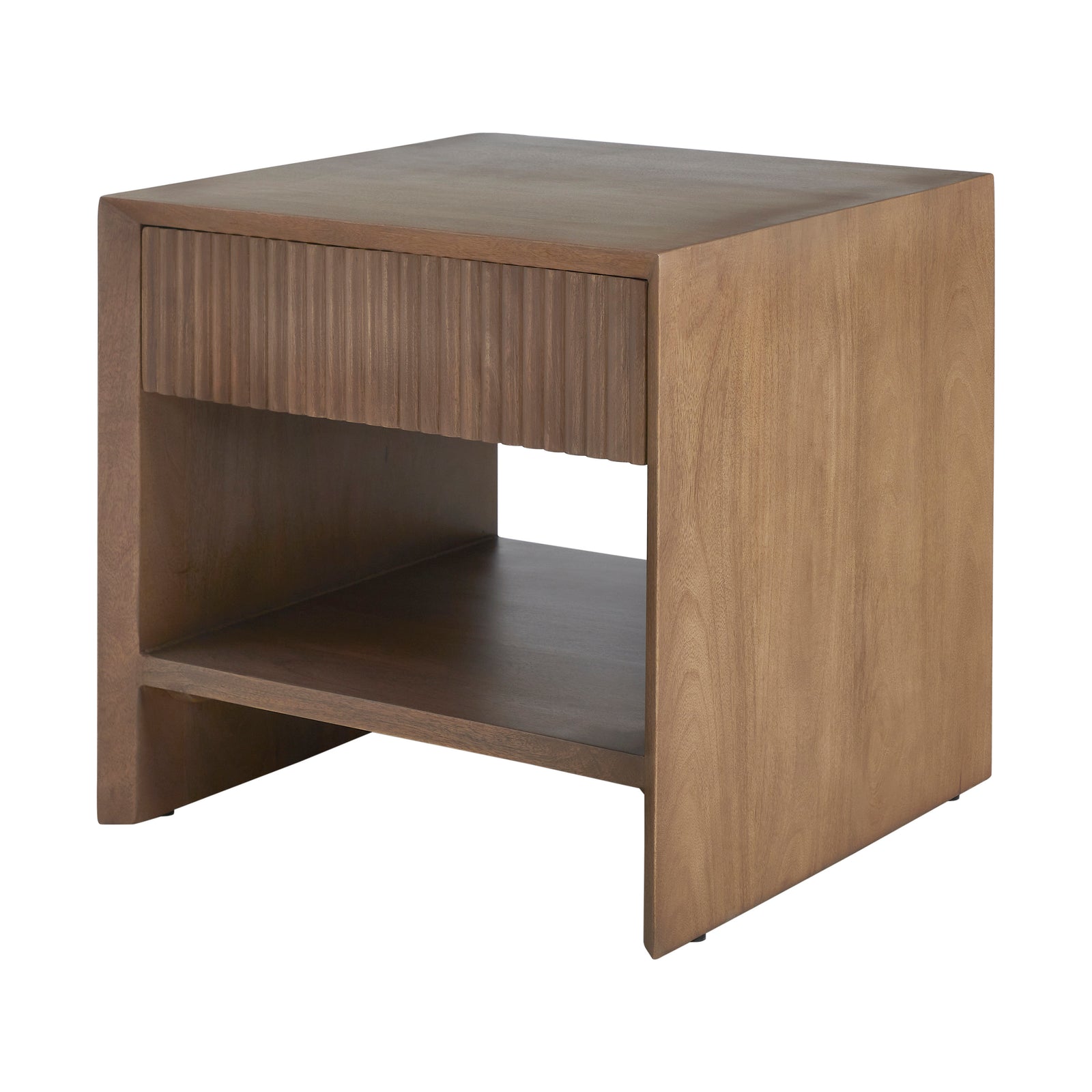 Jaime side table with a ribbed drawer front and open shelf, made of light wood.