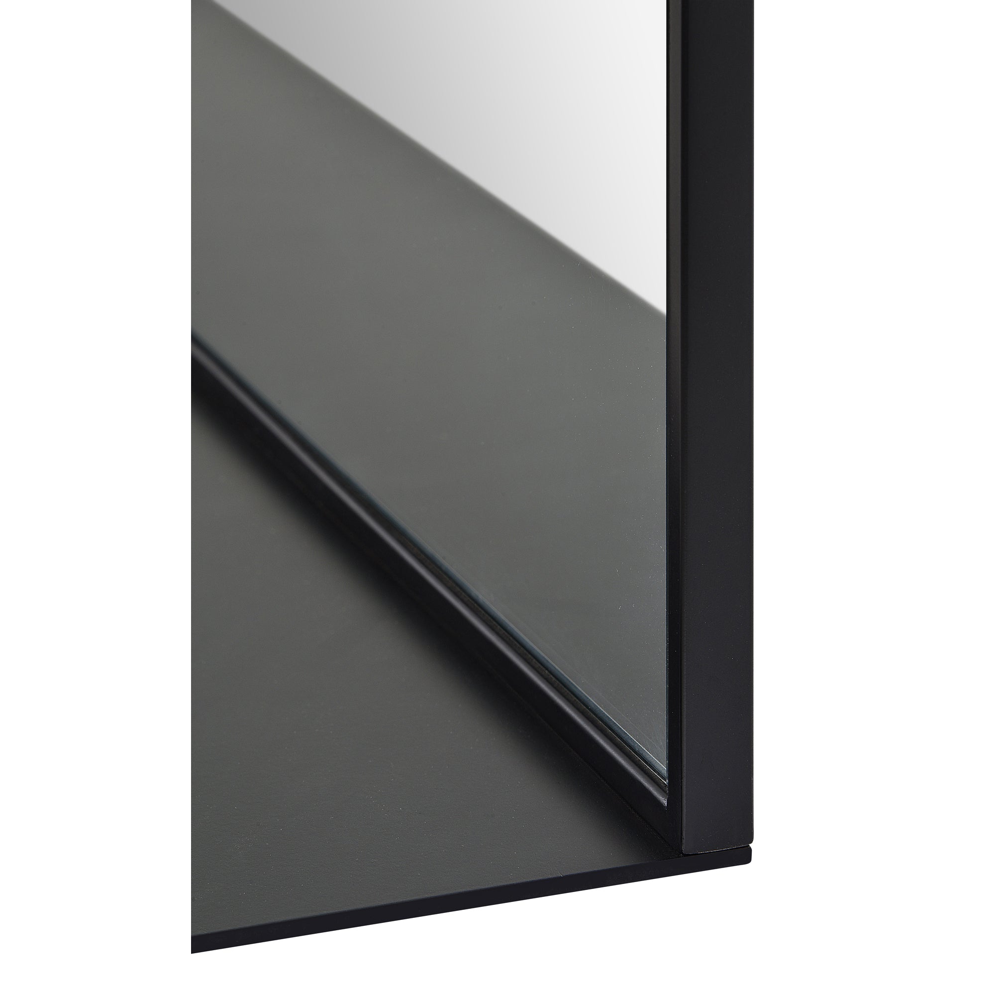 Wearstley Wall Mirror with a sleek black frame, showing a close-up of the edge and reflective surface.