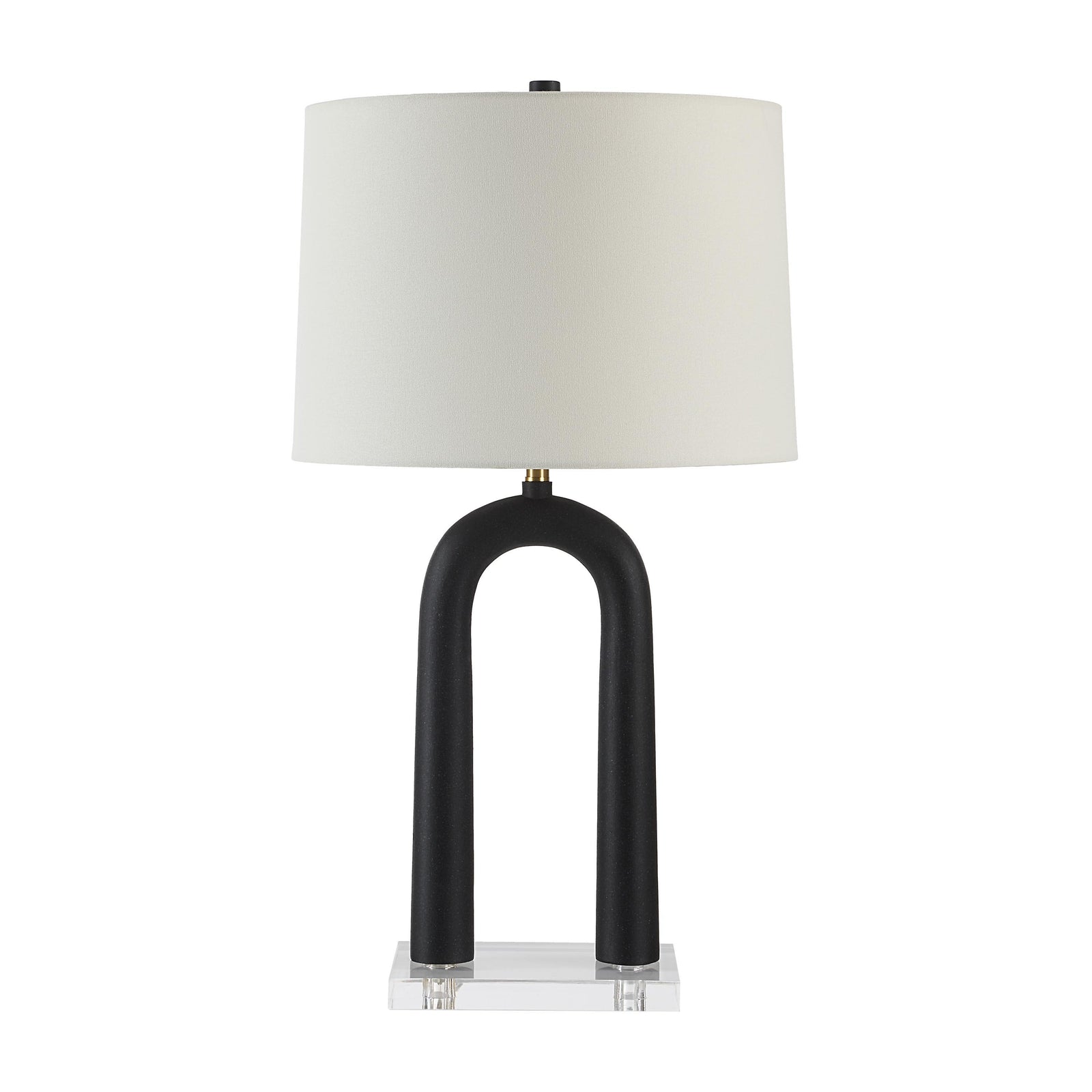 Pisa Table Lamp with black curved base and white fabric shade on a clear acrylic base.