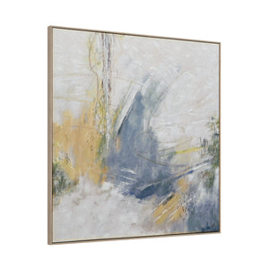 Eclat canvas art shown from a side angle, showcasing abstract blue and yellow patterns.