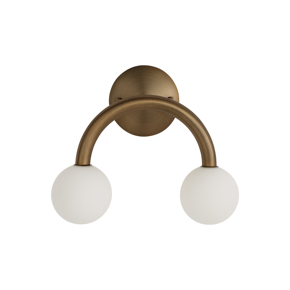 Santi wall sconce with two white globes and a curved bronze arm