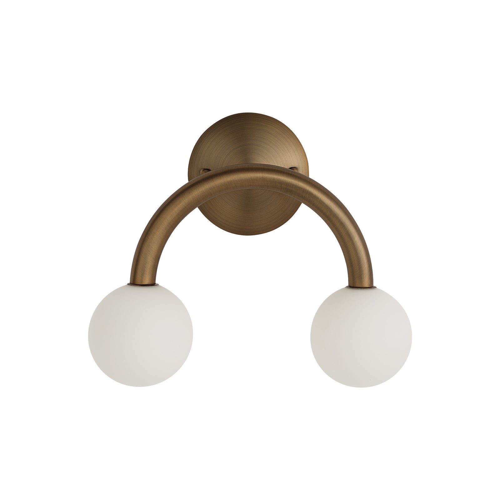 Santi wall sconce with two white globes and a curved bronze arm