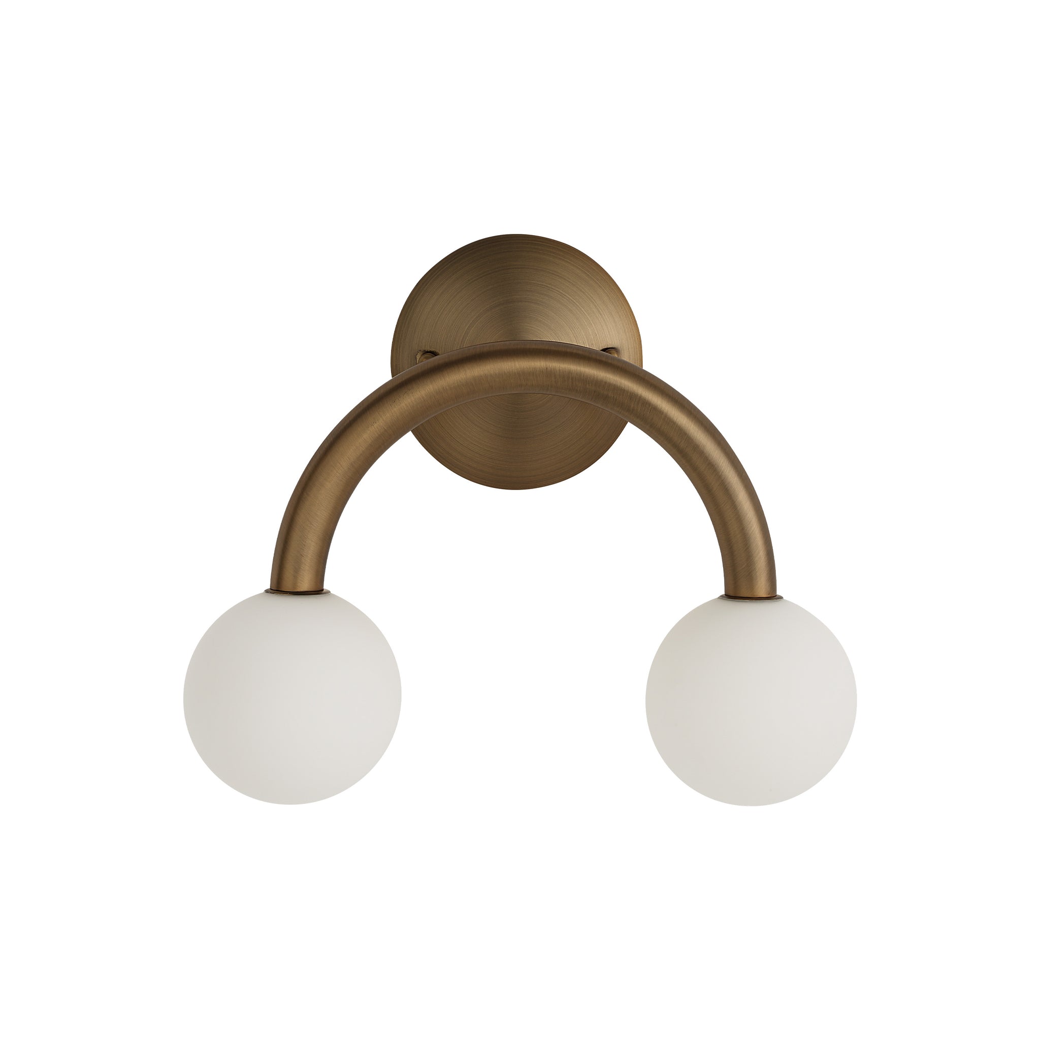 Santi wall sconce with two white globes and a curved bronze arm