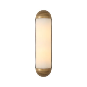 Amici wall sconce featuring a sleek design with a brass finish and frosted glass shade, vertical orientation.