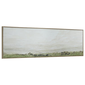Valle canvas art displaying a tranquil landscape in muted greens and whites with a textured finish