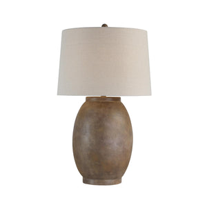 Naima Table Lamp featuring a light beige shade and a smooth brown ceramic body