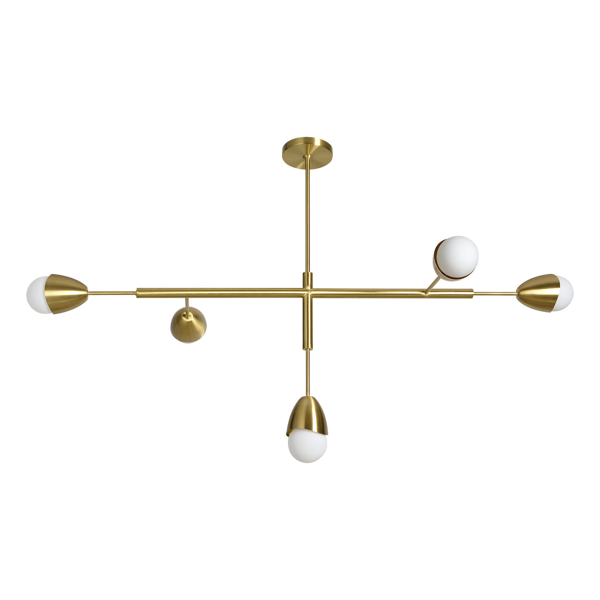 Naura Ceiling Fixture with five light bulbs, gold metal finish and white glass shades