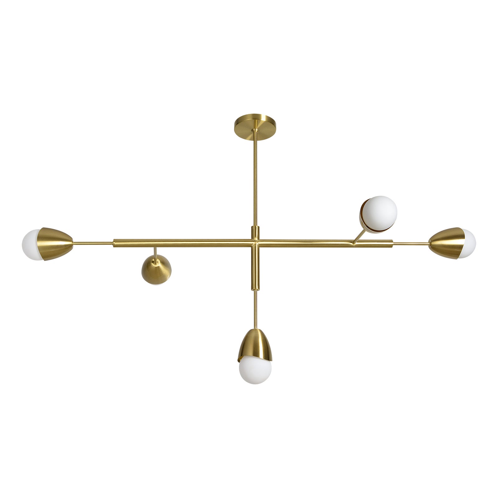 Naura Ceiling Fixture with five light bulbs, gold metal finish and white glass shades