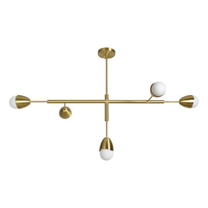 Naura Ceiling Fixture with five light bulbs, gold metal finish and white glass shades