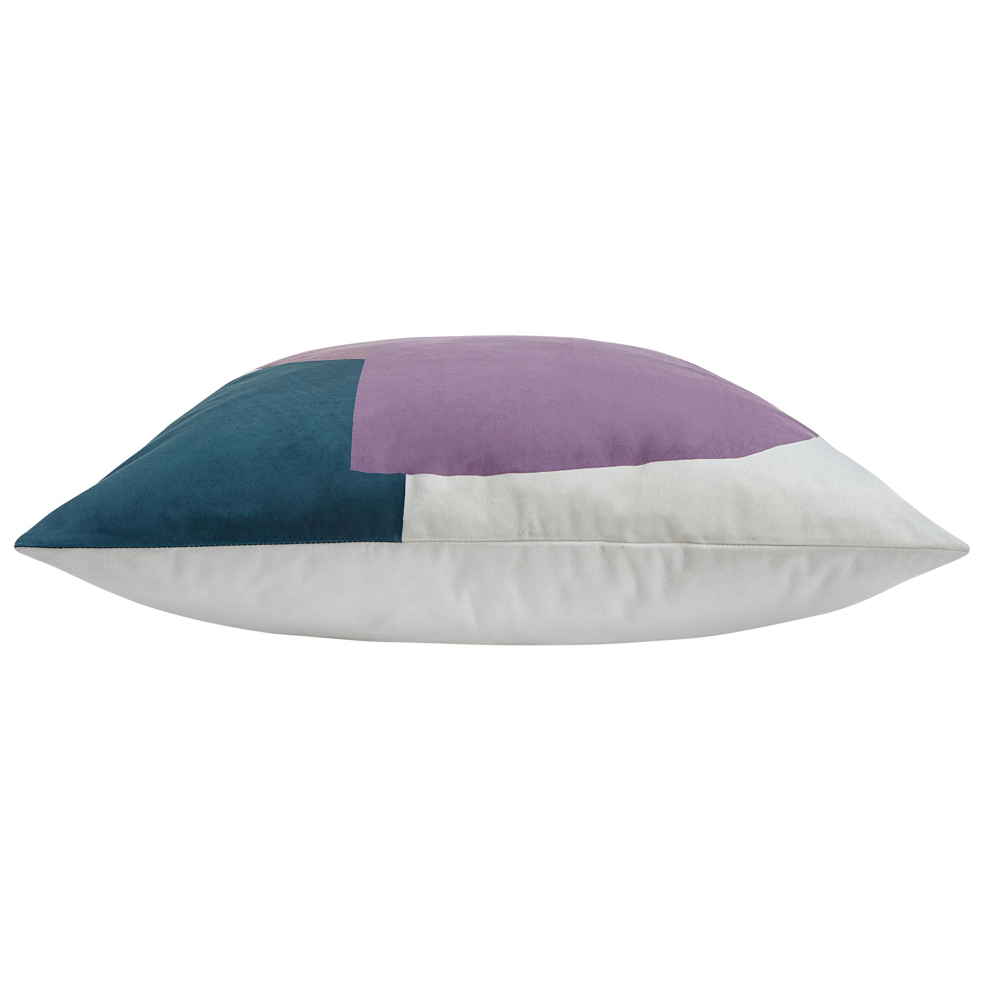 Side view of Layla Indoor Pillow showing its sleek design with purple and teal accents.