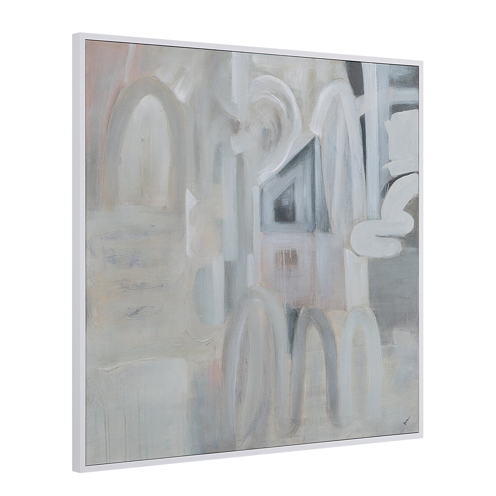 Palazzo canvas art featuring abstract shapes in soft gray and beige tones.