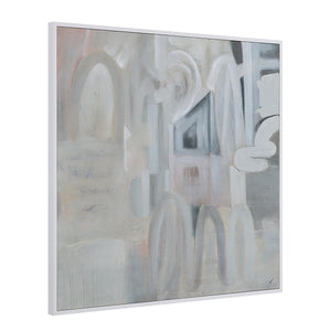 Palazzo canvas art displayed at an angle, showcasing abstract gray and beige patterns.