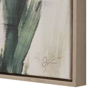 Close-up of Minthe canvas art showing textured brush strokes and an artist's signature on a wooden frame.