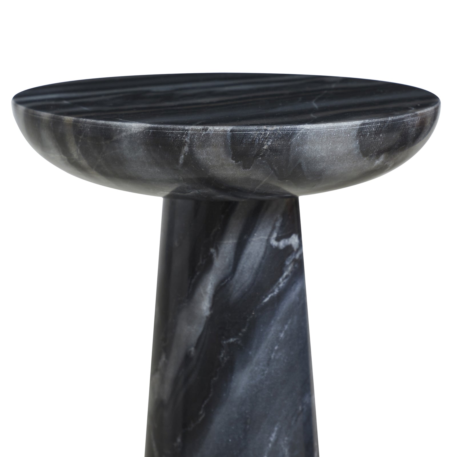 Mercura side table in black marble with a smooth, round top and tapered base.