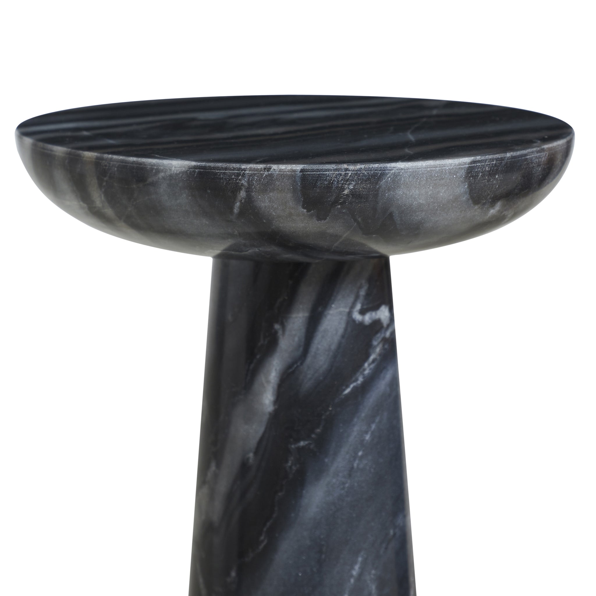 Close-up of Mercura side table showcasing the black marble surface and elegant curves.
