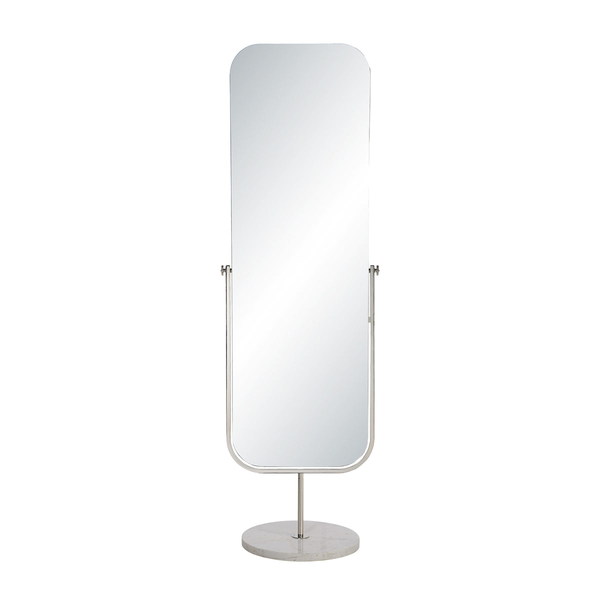 Mandra mirror by Renwil, tall standing design with rounded top, silver frame, and marble base.