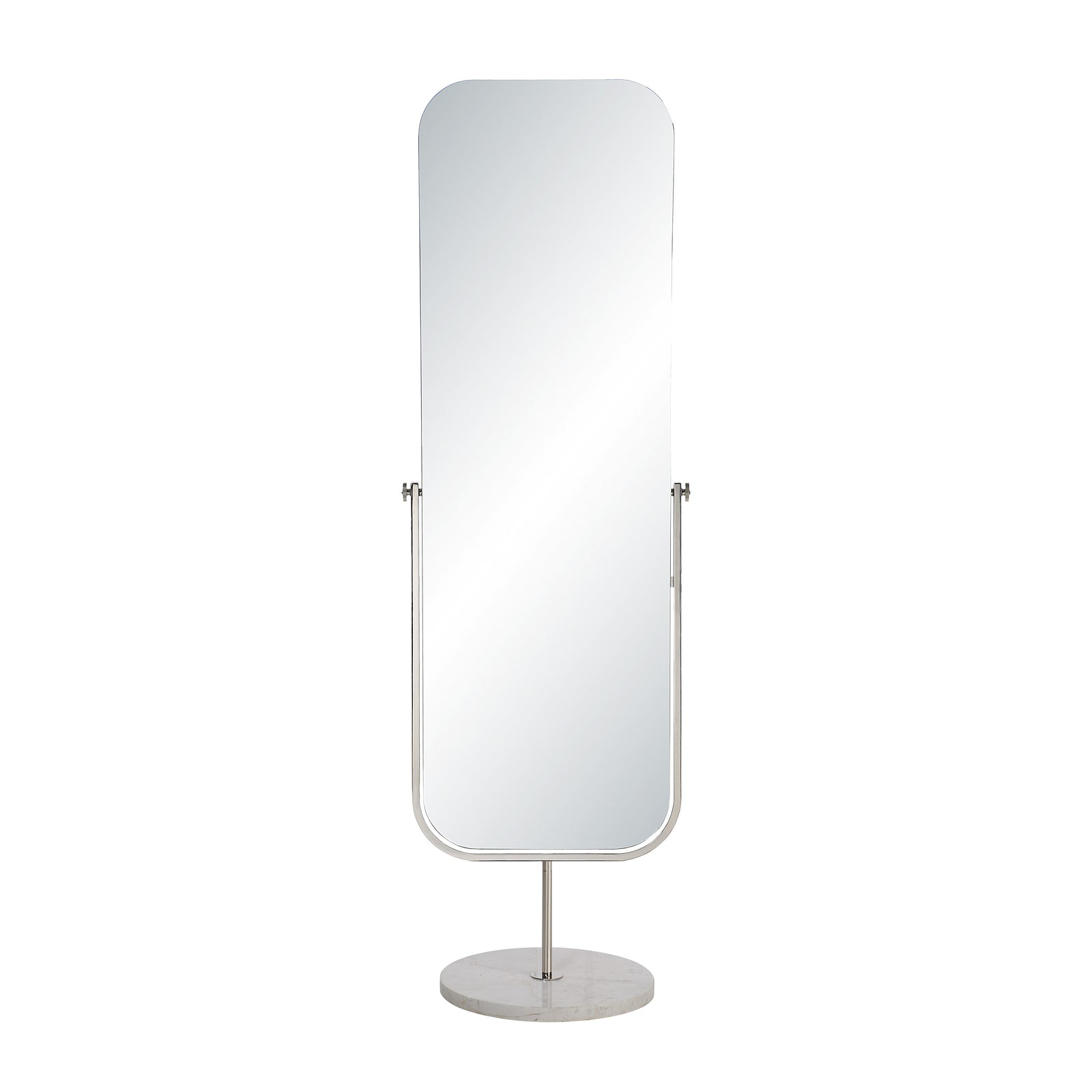 Mandra mirror by Renwil, tall standing design with rounded top, silver frame, and marble base.