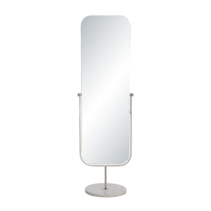 Mandra mirror by Renwil, tall standing design with rounded top, silver frame, and marble base.