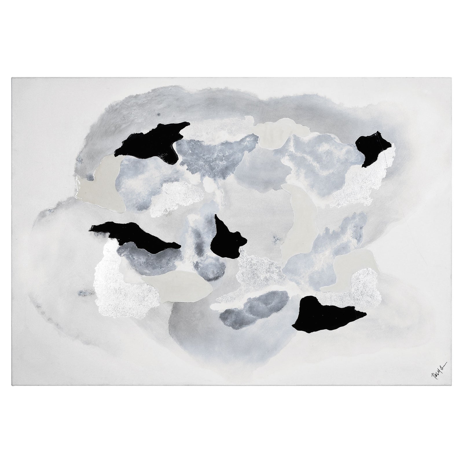 Alasia canvas art featuring abstract gray and black shapes on a light background.