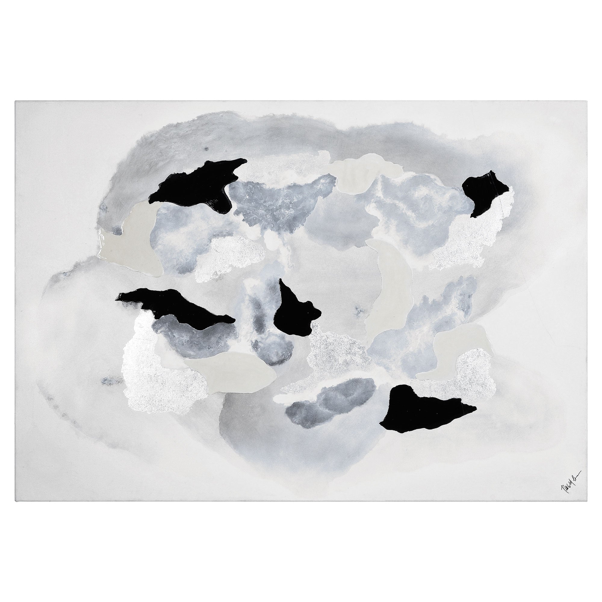 Alasia canvas art featuring abstract gray and black shapes on a light background.