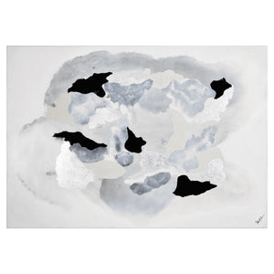 Alasia canvas art featuring abstract gray and black shapes on a light background.