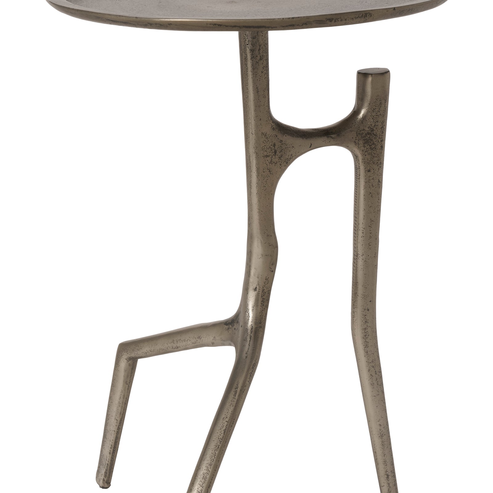 Tosco table with a round metallic top and unique leg design in silver finish.