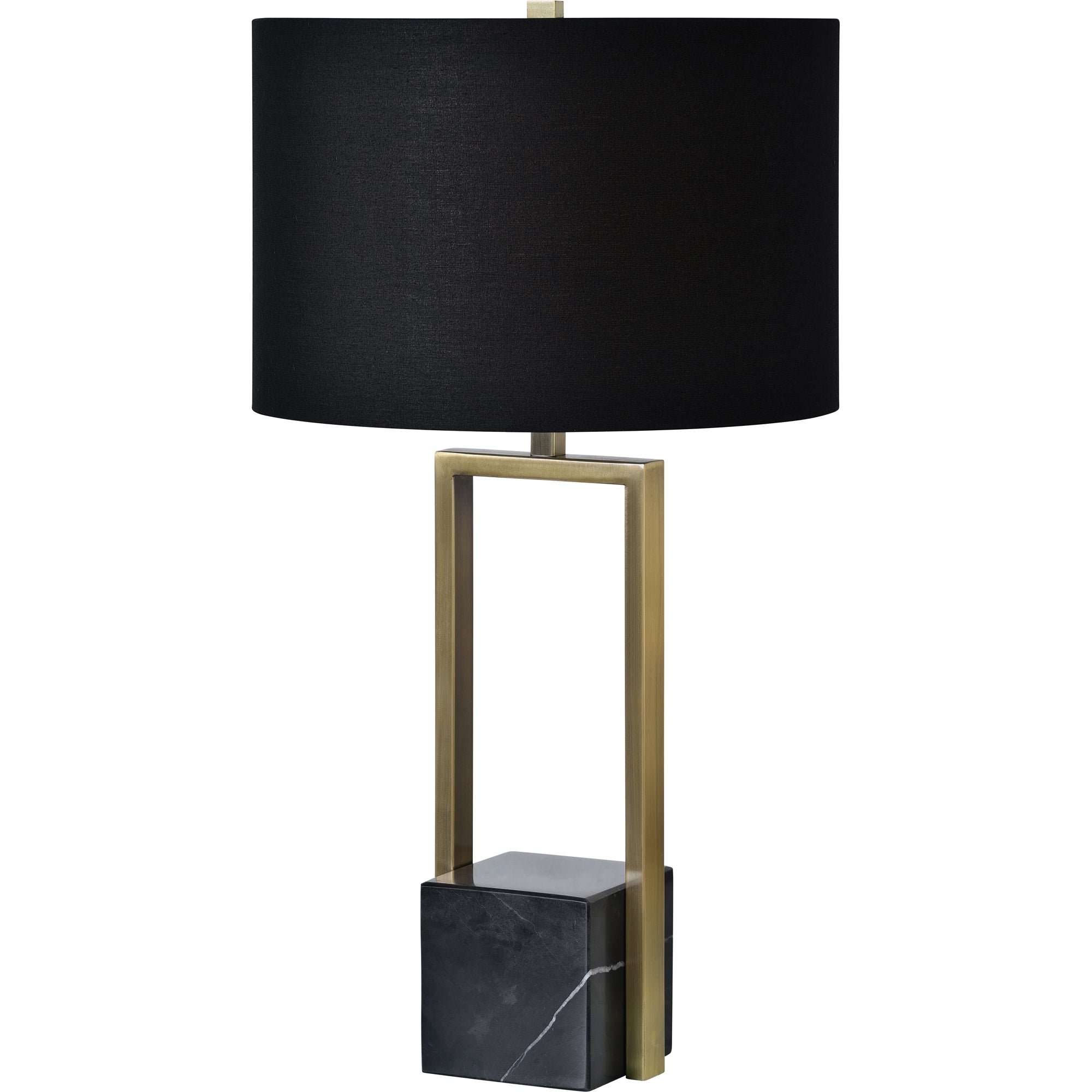 Arla Table Lamp with a black fabric shade and a gold metal frame, featuring a marble base.