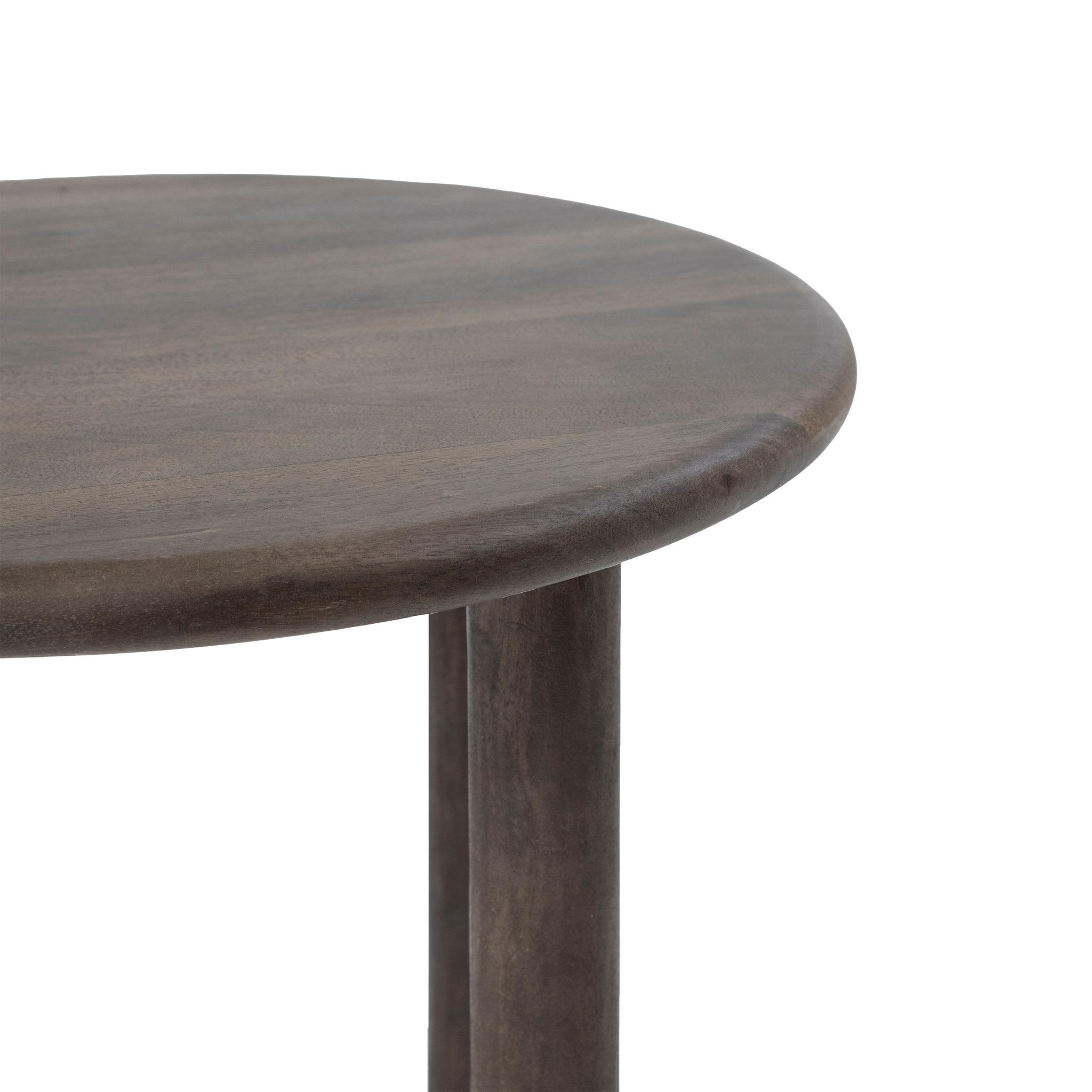 Cetus accent table featuring a round dark wood top and legs, viewed from above.