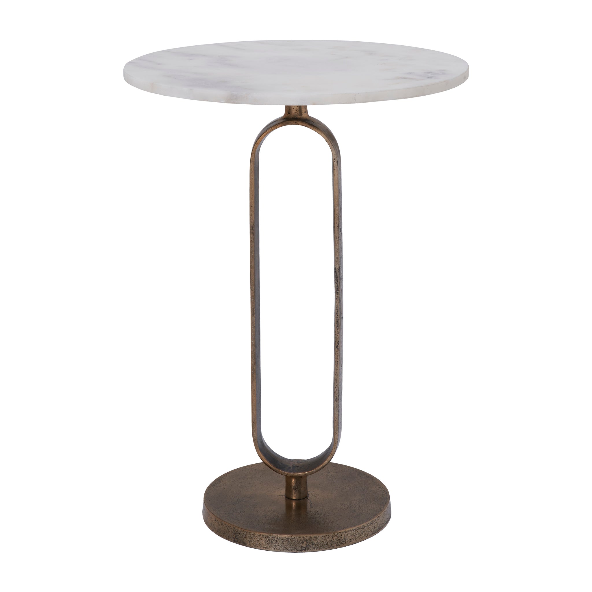 Irene Side Table displaying a round marble top and unique bronze base design