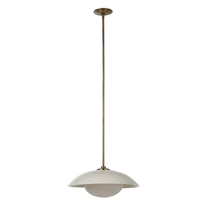 Abbie ceiling light fixture with a white dome shade and brass accents, hanging from a slender rod.