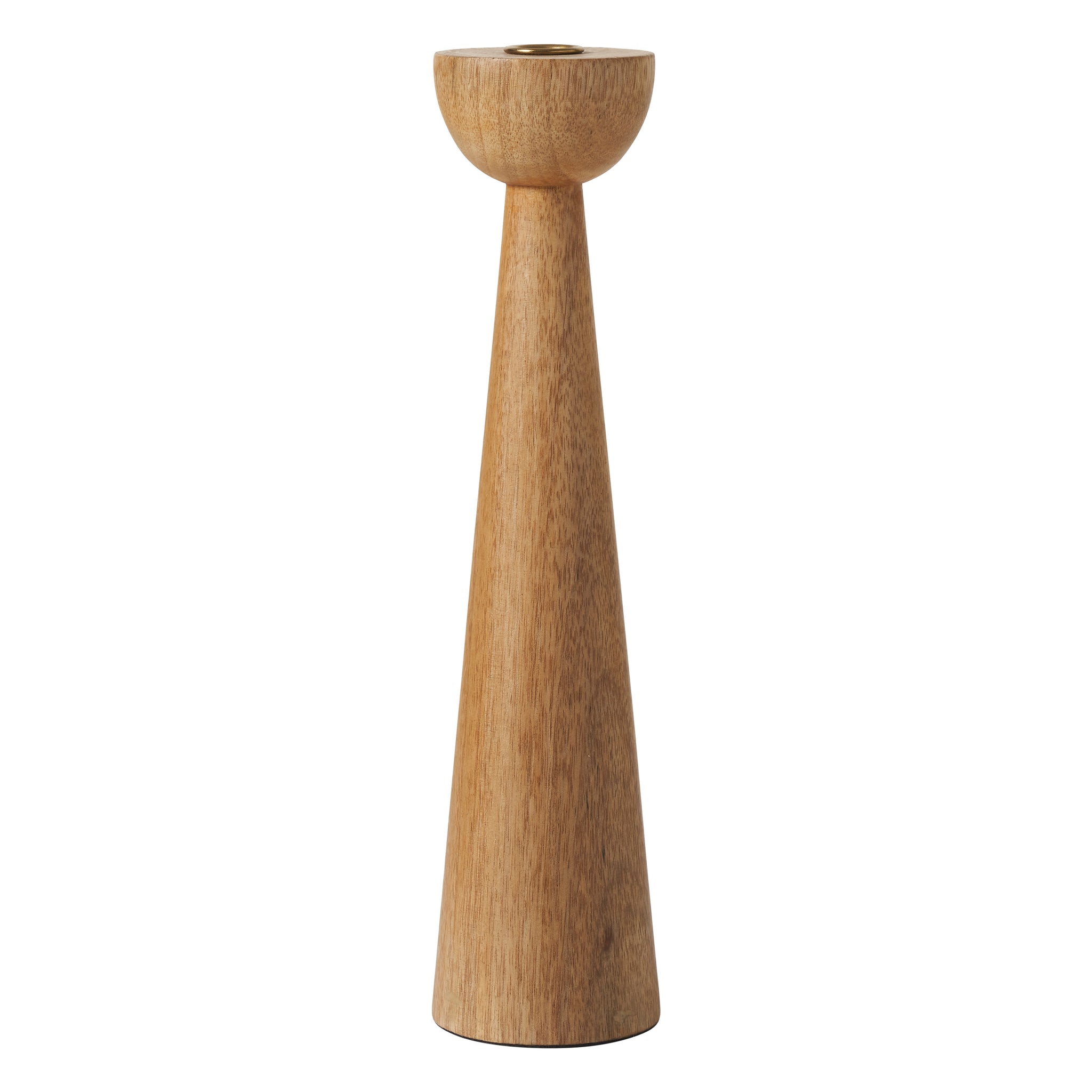 Single tall Laurier candle holder in natural wood, featuring a round top and tapered base.