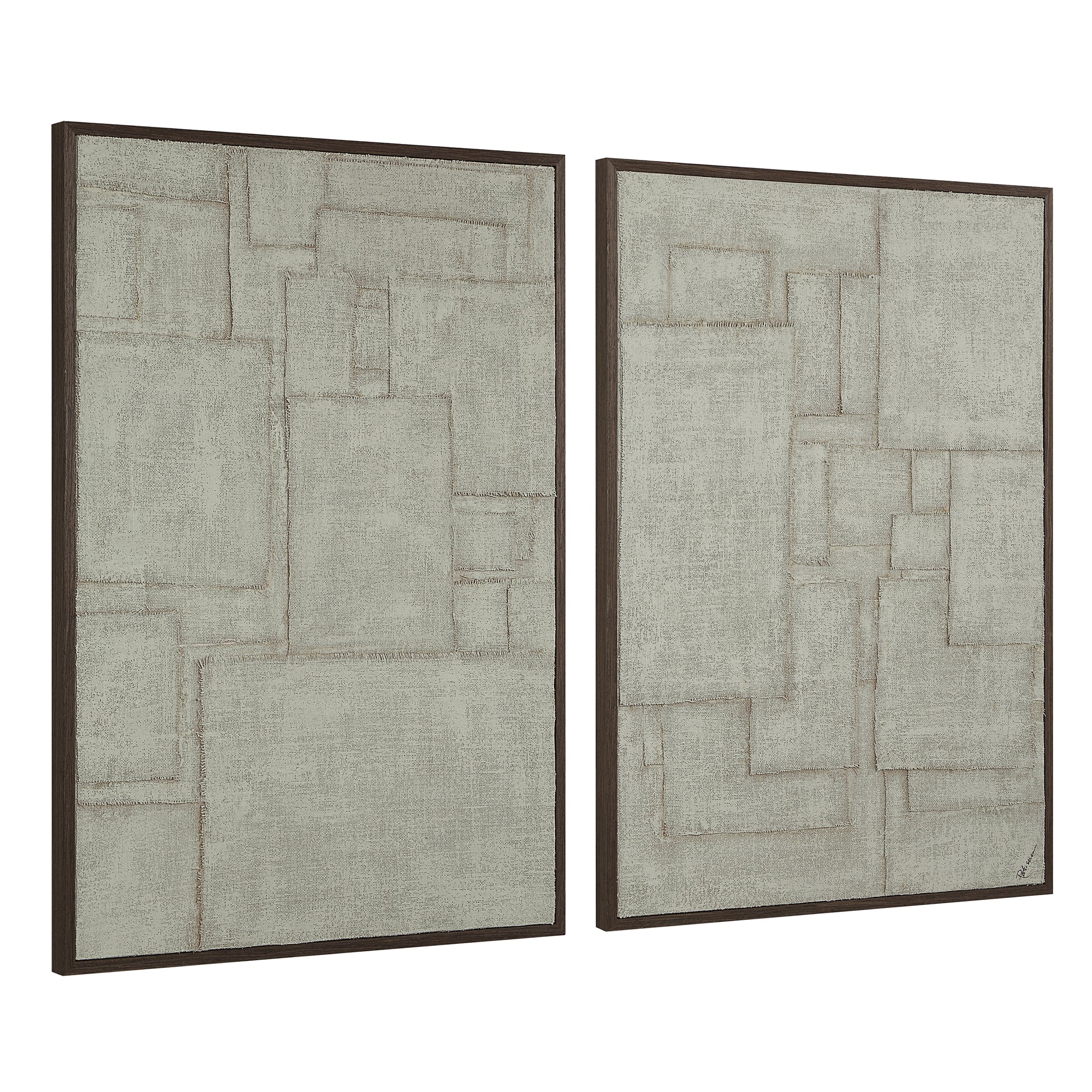 Caramelo wall art showcasing two textured panels in muted gray tones with dark frames.
