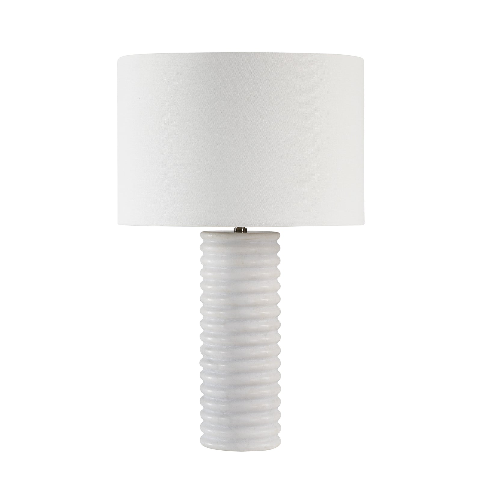 Alloro Table Lamp with a white cylindrical shade and a ribbed white ceramic base