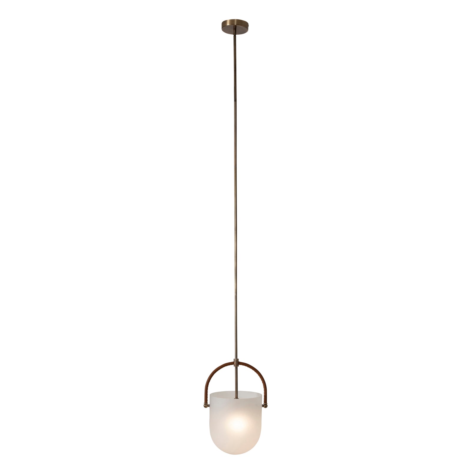 Brillio pendant light with frosted glass shade and brown leather handle, hanging from a brass rod.