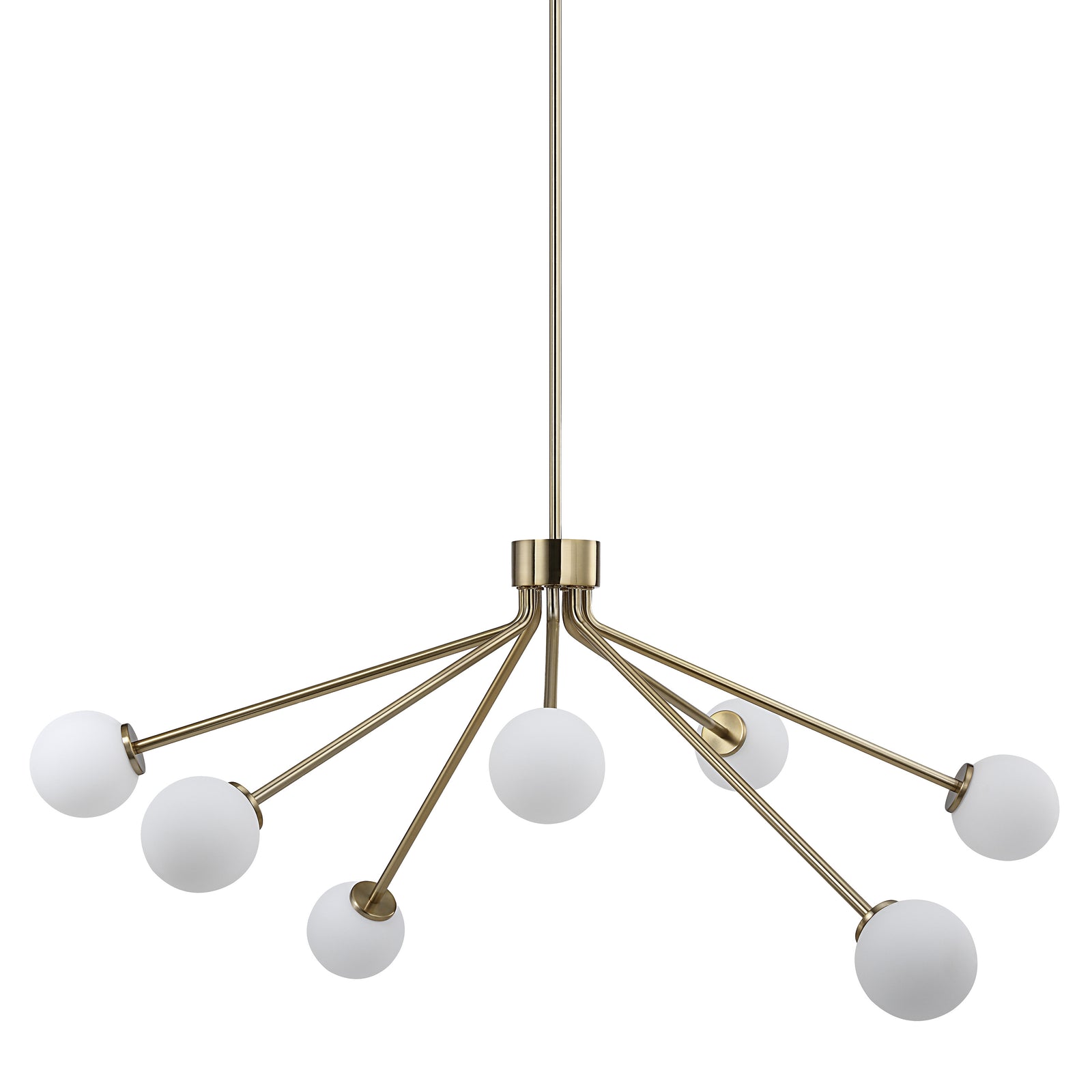 Mundo Ceiling Fixture with seven white globes on gold arms, modern design, hanging from a ceiling.