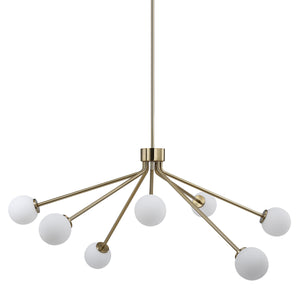 Mundo Ceiling Fixture featuring seven white globes, gold metal arms, stylish and contemporary hanging light.
