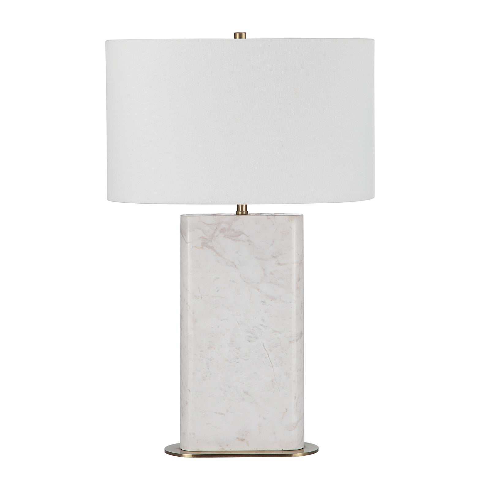 Irisa Table Lamp with a white fabric shade and a marble base in a rectangular shape.