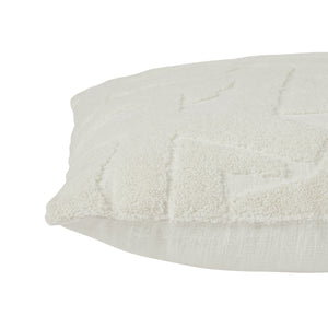 Detailed side view of Merano indoor pillow in white highlighting its plush texture